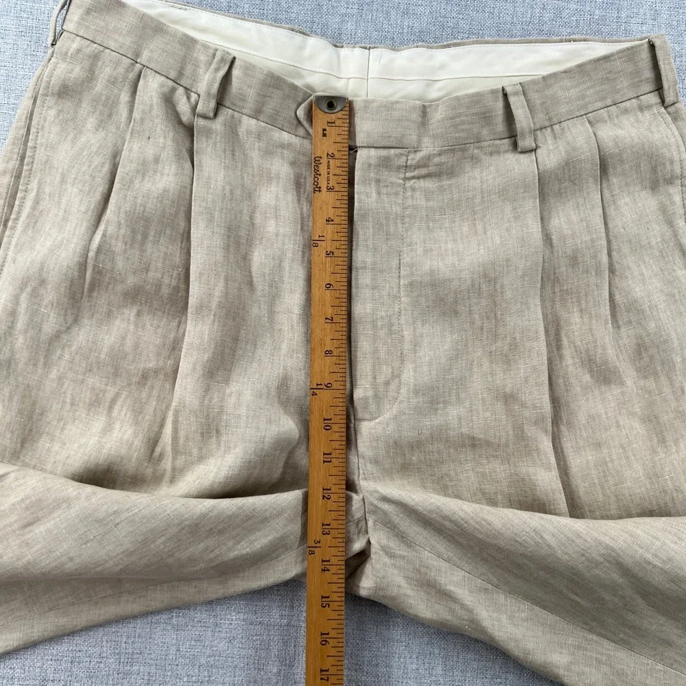 Jos A Bank Travelers Collection Mens 38x30 Beige 100% Linen Pleated Pants Cuffed